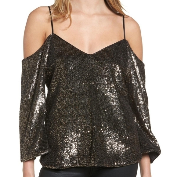 Bardot Sequins Gold Black Cold Shoulder Blouse New Size XS - Picture 1 of 12